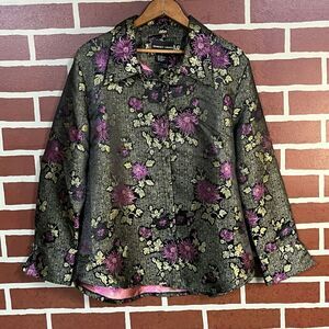 Robert Louis Women’s Large Silk Floral Shacket Bold Metallic Button Top Blouse